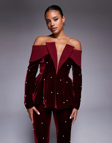  Asos Luxe Top Color Baya Estilo Americana De Terciopelo Con Escote Bardot Y Detalle De Perlas De Asos Luxe (parte De Un Conjunto)-rojo 