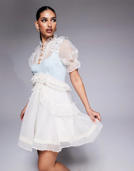  Asos Luxe Vestido Corto Color Crema De Organza Con Adornos De Perlas Y Panel En El Pecho De Denim De Asos Luxe-blanco 