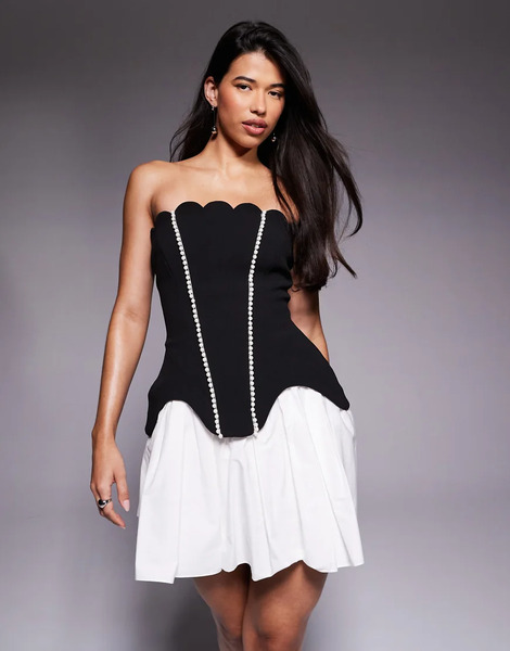  Asos Luxe Vestido Corto Monocromático Con Bajo Festoneado, Ribete Adornado Con Perlas Y Falda De Popelina De Algodón De Asos Luxe-multicolor 