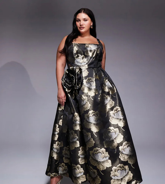  Asos Luxe Vestido Largo Negro Y Dorado Con Patrón Floral De Jacquard Tridimensional De Asos Luxe Curve-multicolor 