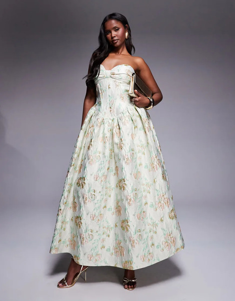  Asos Luxe Vestido Largo Verde Pistacho Con Detalle De Corsé, Estampado Floral De Jacquard Y Lazo En La Espalda De Asos Luxe 