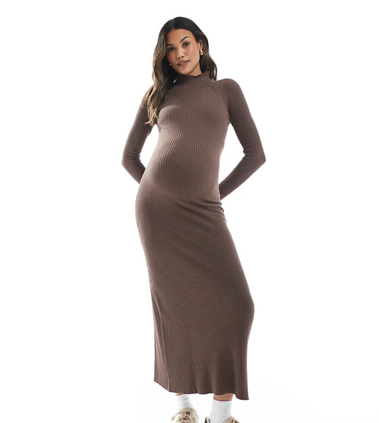  Asos Maternity Vestido Largo Marrón Moca De Punto Con Detalles Acanalados De Punto Fino De Asos Design Maternity-brown 