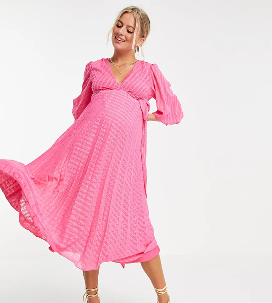  Asos Maternity Vestido Midi Rosa Plisado Con Lazada, Diseño Cruzado Para Lactancia Y Estampado De Chevron De Plumeti De Asos Design Maternity 
