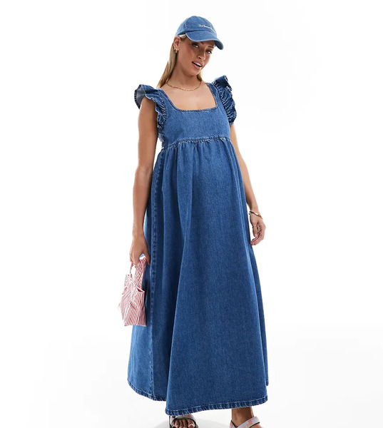  Asos Maternity Vestido Vaquero Largo Azul Amplio Con Espalda Escotada Y Lavado Medio De Denim Suave De Asos Design Maternity 