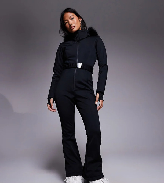  Asos Mono De Esquí Negro De Pernera Slim Acampanada De Softshell Con Cinturón Y Capucha De Piel Sintética De Asos 4505 Petite Ski 