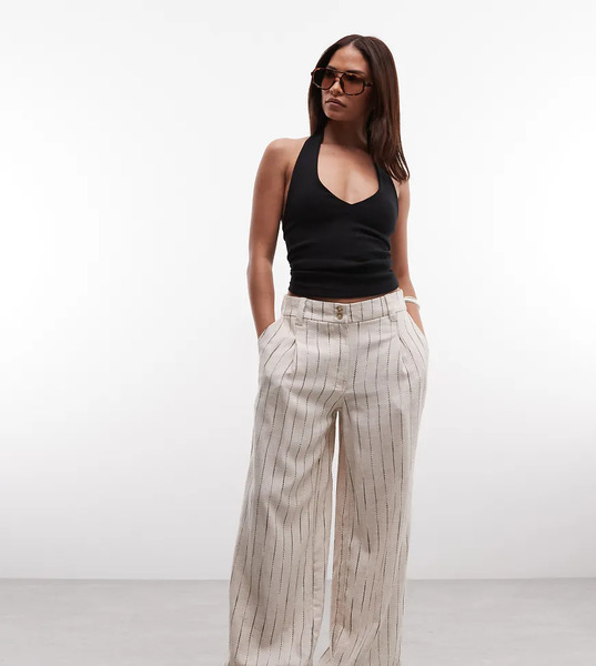  Asos Petite Asos Design Petite - Pantalones Beis De Pernera Ancha Con Pinzas Y Rayas Onduladas De Mezcla De Lino-neutro 