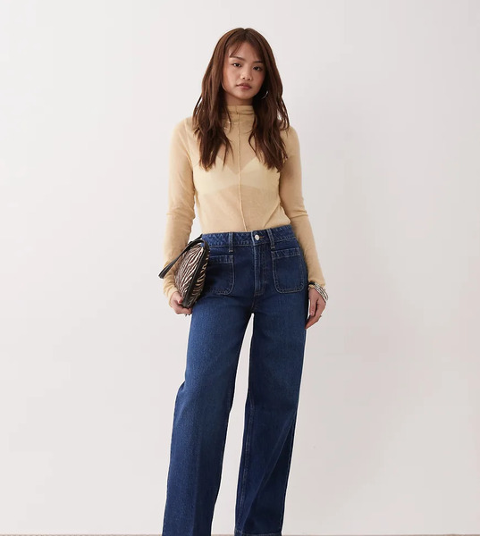  Asos Petite Vaqueros De Pernera Ancha Y Talle Alto Con Lavado Oscuro Y Bolsillos Delanteros De Asos Design Petite-azul 