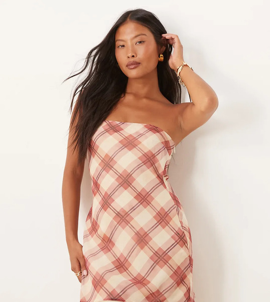  Asos Petite Vestido Corto A Cuadros Rosas Con Escote Palabra De Honor De Tejido De Doble Capa De Asos Design Petite-multicolor 