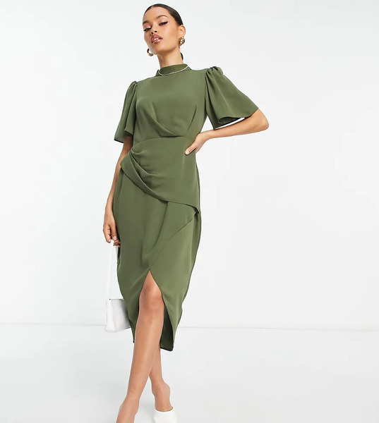  Asos Petite Vestido Corto Caqui Cruzado De Manga Corta Con Cuello Alto Y Detalle Drapeado De Asos Design Petite-verde 
