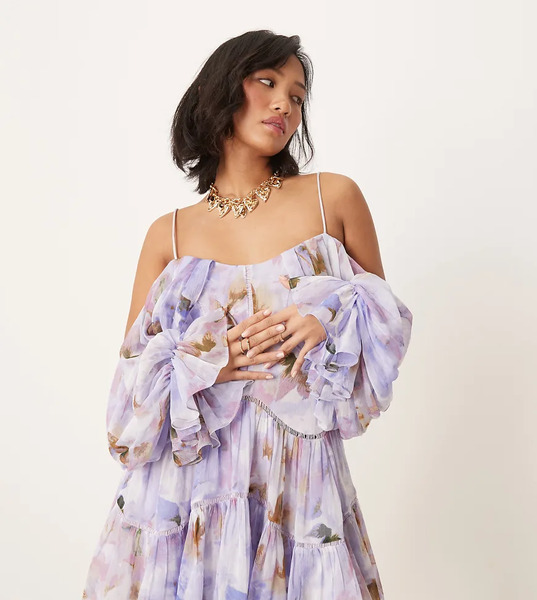  Asos Petite Vestido Corto Escalonado Con Estampado Abstracto Difuminado, Escote Bardot Drapeado E Insertos De Encaje De Asos Design Petite-multicolor 