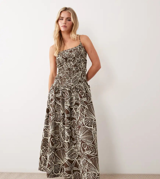  Asos Petite Vestido Corto Marrón Chocolate Con Estampado De Conchas Y Cintura Baja Fruncida De Tejido Efecto Rugoso De Asos Design Petite-multicolor 