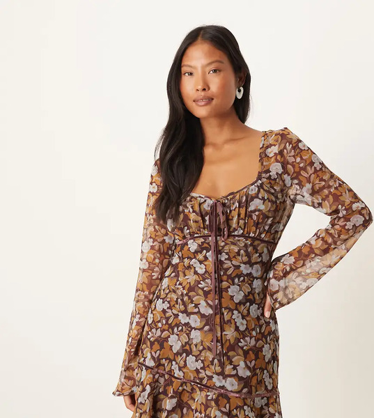  Asos Petite Vestido Corto Marrón De Manga Larga Con Estampado Floral Y Pecho Fruncido De Asos Design Petite-multicolor 