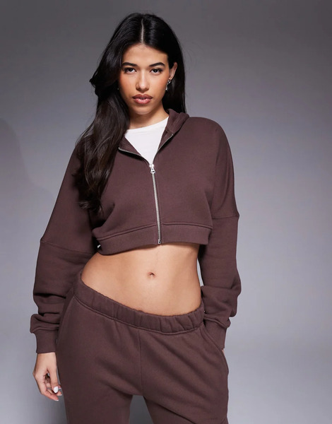  Asos Sudadera Muy Corta Marrón Tostada Francesa Lavado Con Capucha, Cremallera Y Sisas Caídas De Tejido Grueso De Algodón De 420 G/m² Rest Day De 4505-brown 