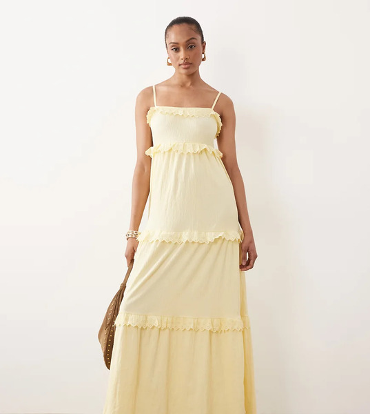  Asos Tall Asos Design Tall - Vestido Midi Amarillo Crema Escalonado De Tirantes De Tejido Rugoso Con Ribete De Encaje 