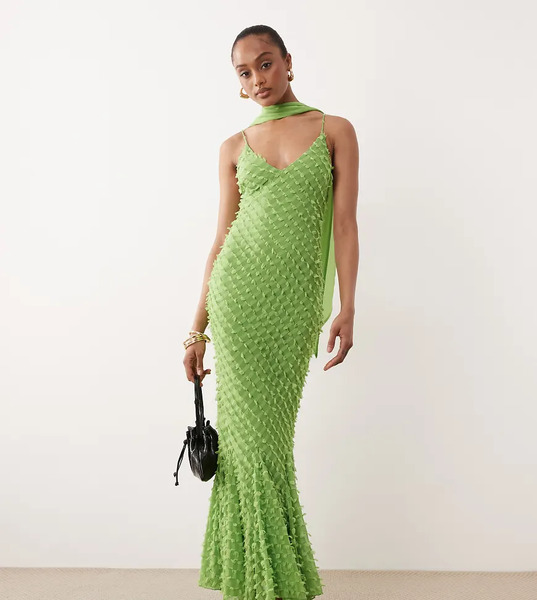  Asos Tall Asos Design Tall - Vestido Verde De Tirantes Escotado De Corte Al Bies Con Godets Amplios Y Detalle De Fular-multicolor 