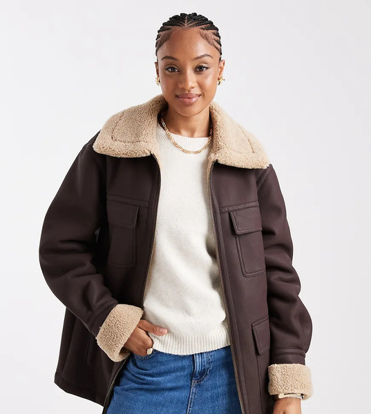  Asos Tall Chaqueta Marrón Chocolate De Largo Medio Con Diseño Reforzado De Tejido Efecto Cuero De Asos Design Tall 