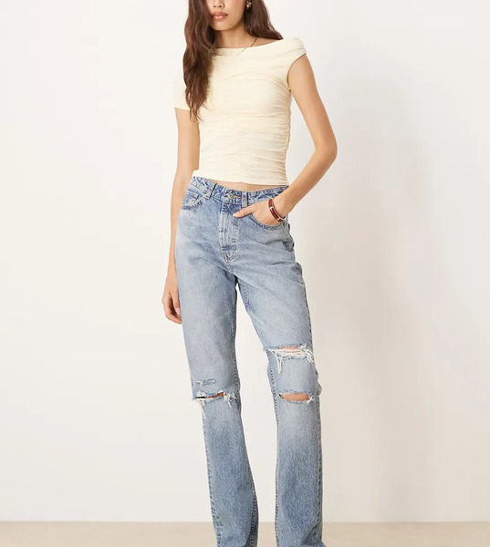  Asos Tall Vaqueros De Corte Recto Y Talle Medio Con Lavado Claro Y Detalles Rasgados Circular Design Collection De Asos Design Tall-azul 