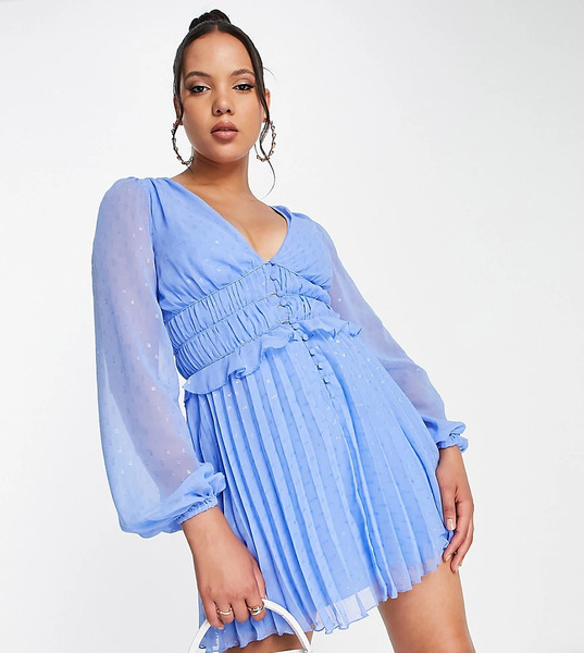  Asos Tall Vestido Corto Azul Aciano Abotonado Con Cintura Fruncida Y Falda Plisada De Plumeti Metalizado De Asos Design Tall 