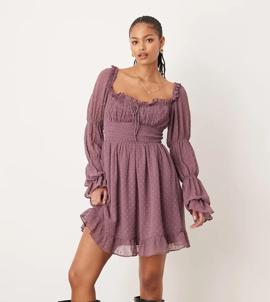  Asos Tall Vestido Corto Malva De Manga Larga De Estilo Mesonera Con Cintura Fruncida De Plumeti De Asos Design Tall-multicolor 
