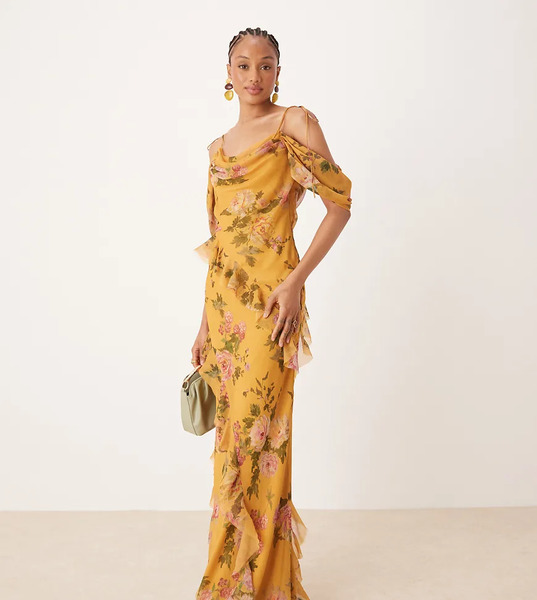  Asos Tall Vestido Largo Amarillo De Corte Al Bies Con Estampado Floral, Escote Bardot Y Volantes De Asos Design Tall-multicolor 