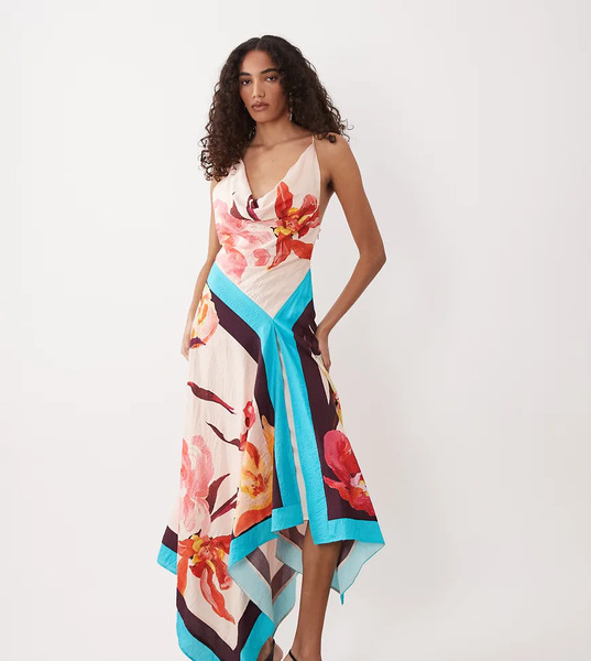  Asos Tall Vestido Largo Asimétrico Con Estampado De Pañuelo, Espalda Al Aire Y Cuello Desbocado Pronunciado De Asos Design Tall-multicolor 