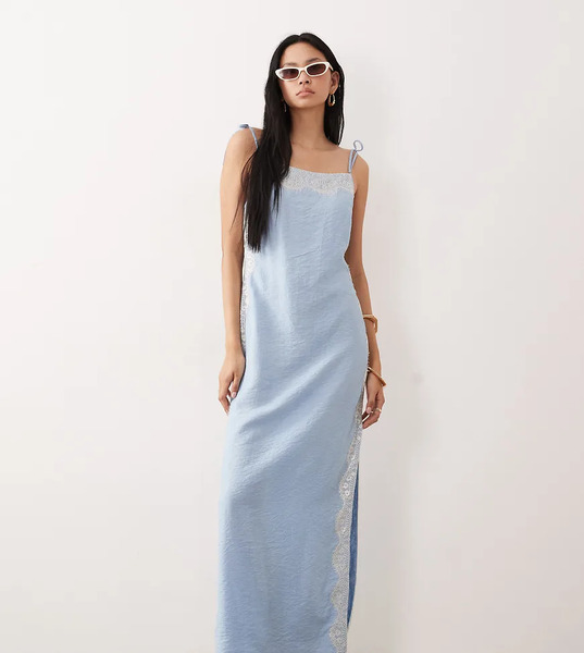  Asos Tall Vestido Largo Azul Cielo De Tirantes De Satén Rugoso Con Cuello Cuadrado Y Detalle De Encaje De Asos Design-sin Color 