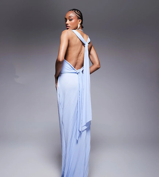  Asos Tall Vestido Largo Azul Claro Plisado Con Cuello Barco Y Detalle Anudado En La Espalda De Asos Design Tall 