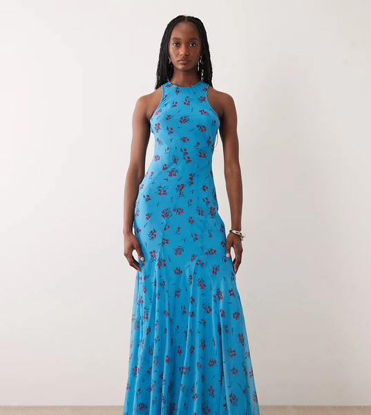  Asos Tall Vestido Largo Azul De Corte Al Bies Con Estampado Floral, Cuello De Nadadora Y Bajo De Godets De Asos Design Tall-multicolor 