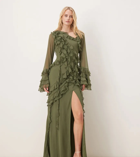  Asos Tall Vestido Largo Caqui De Manga Larga Con Diseño Asimétrico De Volantes Escalonados De Chifón De Asos Design Tall-verde 