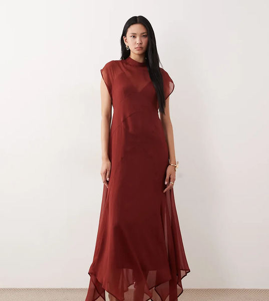  Asos Tall Vestido Largo Color óxido Intenso Con Cuello Alto Y Bajo De Picos De Chifón De Asos Design Tall-naranja 