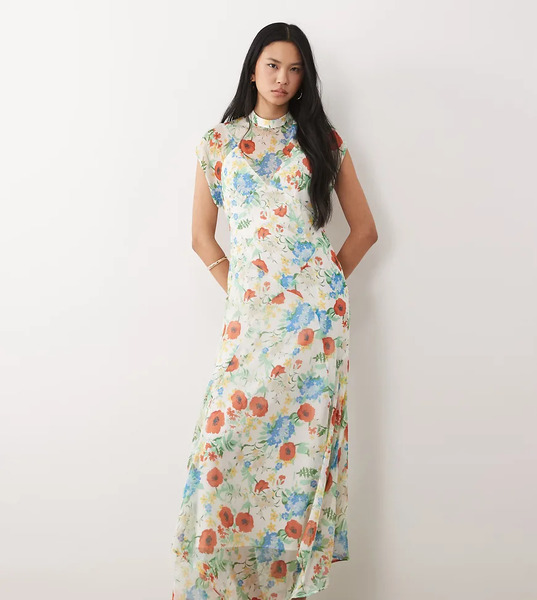  Asos Tall Vestido Largo Con Cuello Alto, Bajo Asimétrico Y Estampado Floral Rojo De Chifón De Asos Design Tall-multicolor 