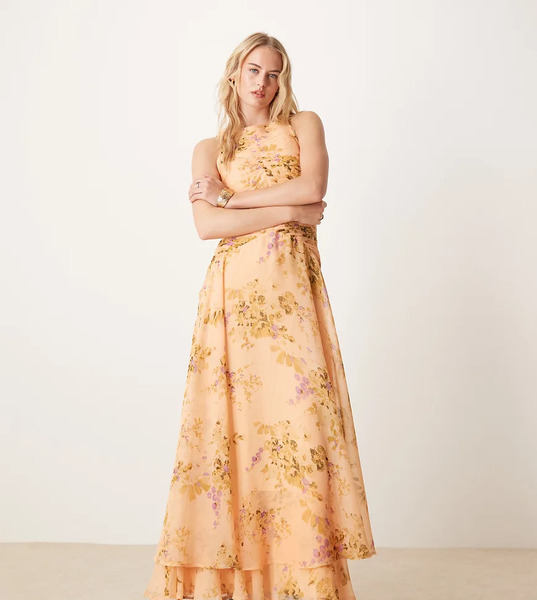  Asos Tall Vestido Largo Con Estampado Floral, Cintura Baja, Cuerpo Fruncido Y Espalda De Nadadora De Asos Design Tall-marrón 