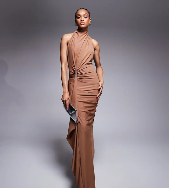  Asos Tall Vestido Largo Marrón Chocolate Con Cuello Alto Drapeado Y Volantes De Punto Liso Moldeador De Asos Design Tall 