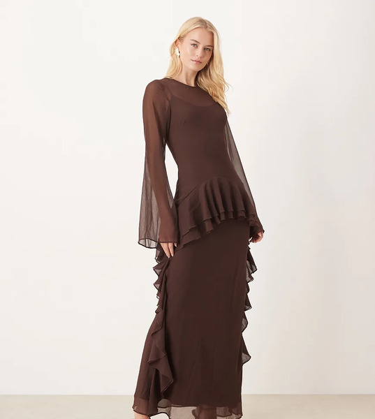  Asos Tall Vestido Largo Marrón Chocolate De Manga Larga Con Bajo De Volante Y Estampado Floral De Chifón De Asos Design Tall-brown 