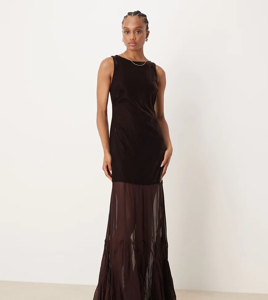  Asos Tall Vestido Largo Marrón De Terciopelo Con Cintura Baja Y Falda Transparente Con Godets De Asos Design Tall-brown 