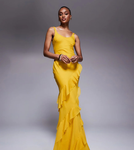  Asos Tall Vestido Largo Mostaza Con Cuello Ancho, Abertura En La Espalda Y Volante En La Falda De Asos Design Tall-amarillo 
