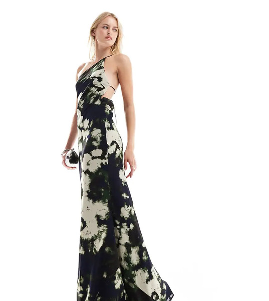  Asos Tall Vestido Largo Negro Asimétrico Con Estampado Abstracto Y Espalda Descubierta De Asos Design Tall-multicolor 