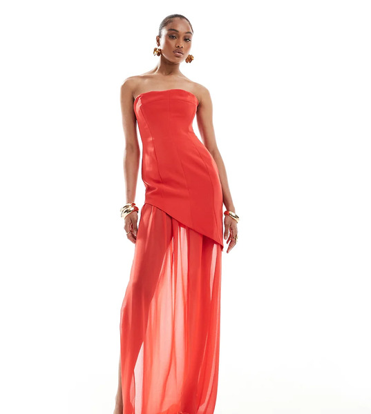  Asos Tall Vestido Largo Rojo Con Escote Palabra De Honor, Diseño Estructurado Y Abertura Hasta El Muslo De Chifón De Asos Design Tall 