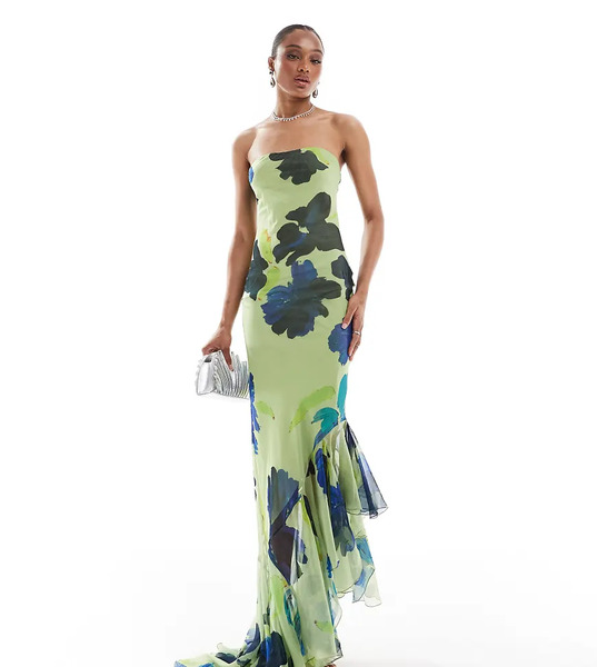  Asos Tall Vestido Largo Verde Lima Con Escote Palabra De Honor, Estampado Floral Abstracto Y Volante Asimétrico En El Bajo De Asos Design Tall-multicolor 
