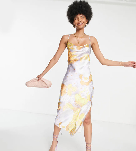  Asos Tall Vestido Lencero Midi De Tirantes Con Estampado Floral Llamativo Y Cordones En La Espalda De Satén Muy Brillante De Asos Design Tall-multicolor 