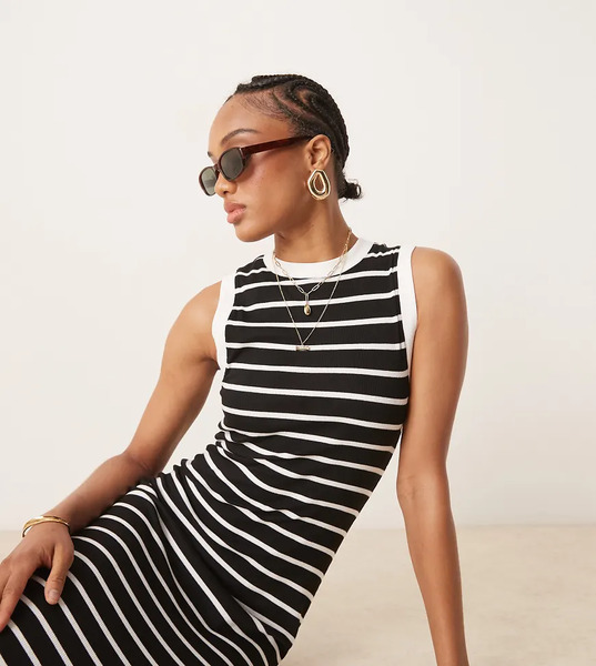  Asos Tall Vestido Midi A Rayas Monocromáticas Estilo Años 90 Con Diseño Reforzado De Canalé De Asos Design Tall-multicolor 