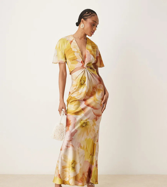  Asos Tall Vestido Midi Amarillo Con Estampado Floral Dorado Y Detalle De Abertura Y Nudo De Satén De Asos Design Tall-multicolor 