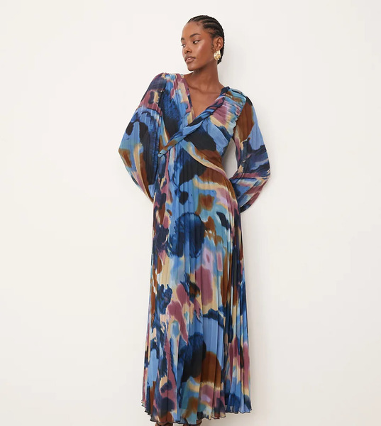  Asos Tall Vestido Midi Azul Marino Plisado Con Parte Delantera Cruzada, Detalle Retorcido Y Estampado Abstracto De Asos Design Tall-multicolor 
