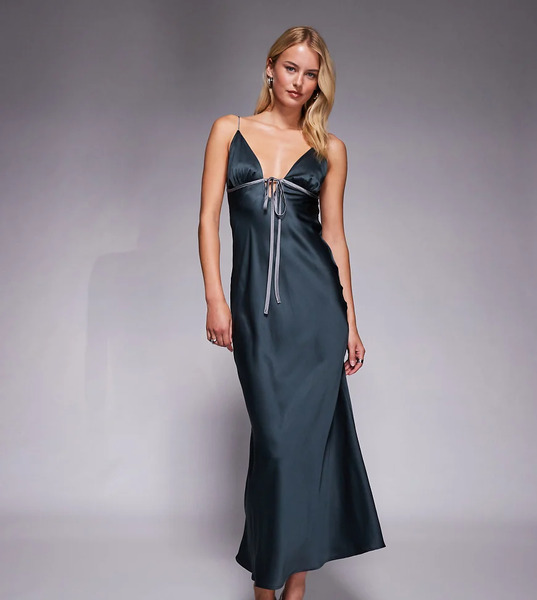  Asos Tall Vestido Midi Azul Pizarra De Corte Al Bies De Satén Con Detalle De Lazada En Contraste De Asos Design Tall 
