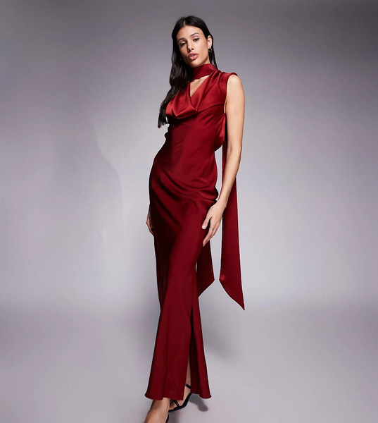  Asos Tall Vestido Midi Burdeos Con Cuello Desbocado, Detalle Retorcido En La Espalda Y Fular Al Cuello De Satén De Asos Design Tall-rojo 