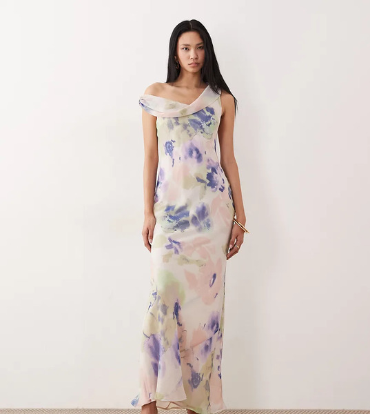  Asos Tall Vestido Midi Con Estampado Abstracto Y Hombro Caído Con Detalle Retorcido De Chifón De Asos Design Tall-multicolor 