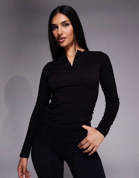  Asos Top Interior Negro De Manga Larga Para Superponer Con Cuello Panadero De Tejido Acanalado De Secado Rápido Sin Costuras De 4505 
