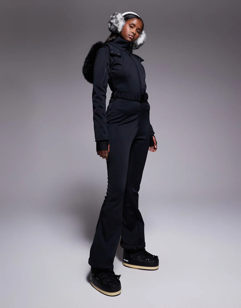  Asos Traje De Esquí Negro De Corte Slim Acampanado Con Cinturón De Tejido Estilo Softshell Con Capucha De Piel Sintética De Asos 4505 Ski 