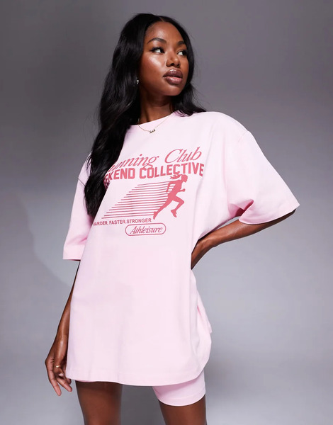  Asos Weekend Collective Camiseta Rosa Extragrande Con Estampado Gráfico running Club De Tejido Grueso De Weekend Collective (parte De Un Conjunto) 