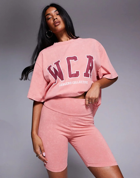  Asos Weekend Collective Leggings Cortos Color Melocotón Lavado Con Estampado Gráfico Universitario De Weekend Collective (parte De Un Conjunto)-naranja 